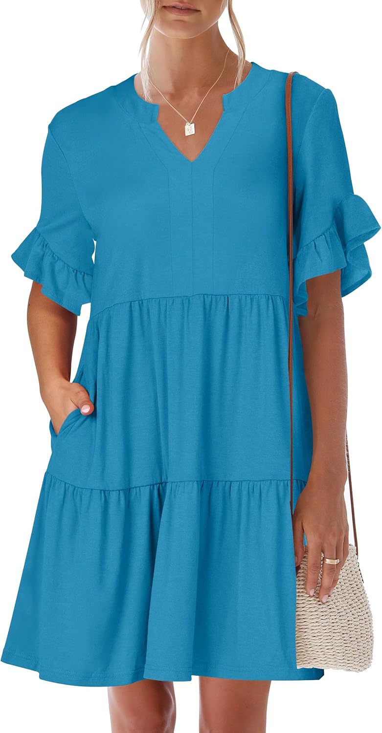 Trendy Ruffle Short Sleeve V Neck A Line Mini Beach Dress