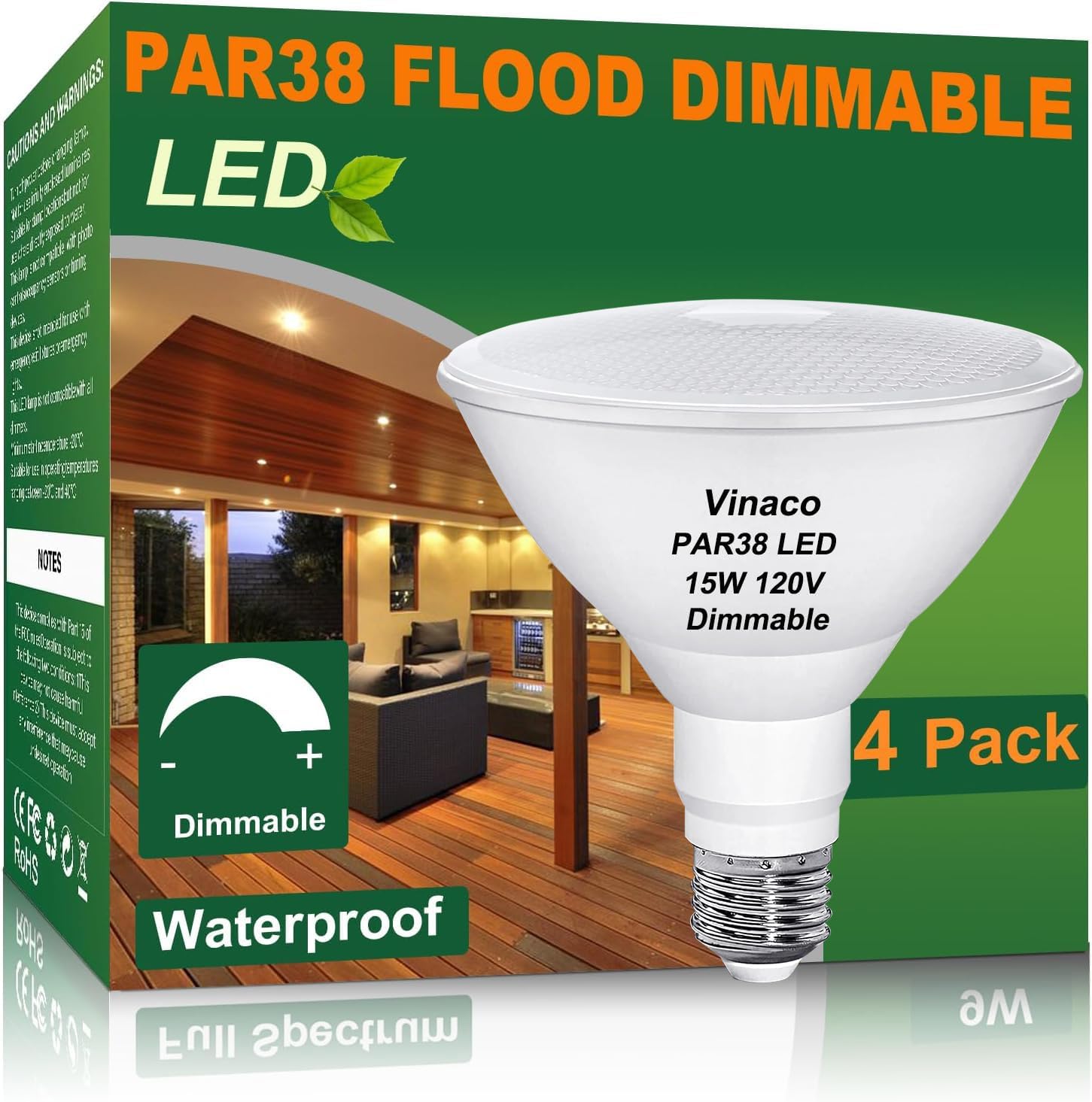 Vinaco PAR38 LED Flood Light Bulbs - Bright 1300LM 15W Energy Saver