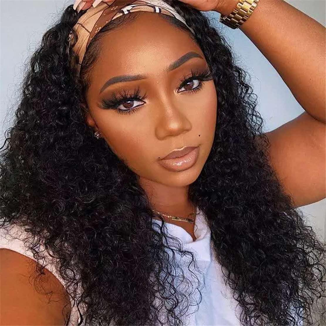 Headband Wig Deep Wave Human Hair Wig for Black Women 18 in
