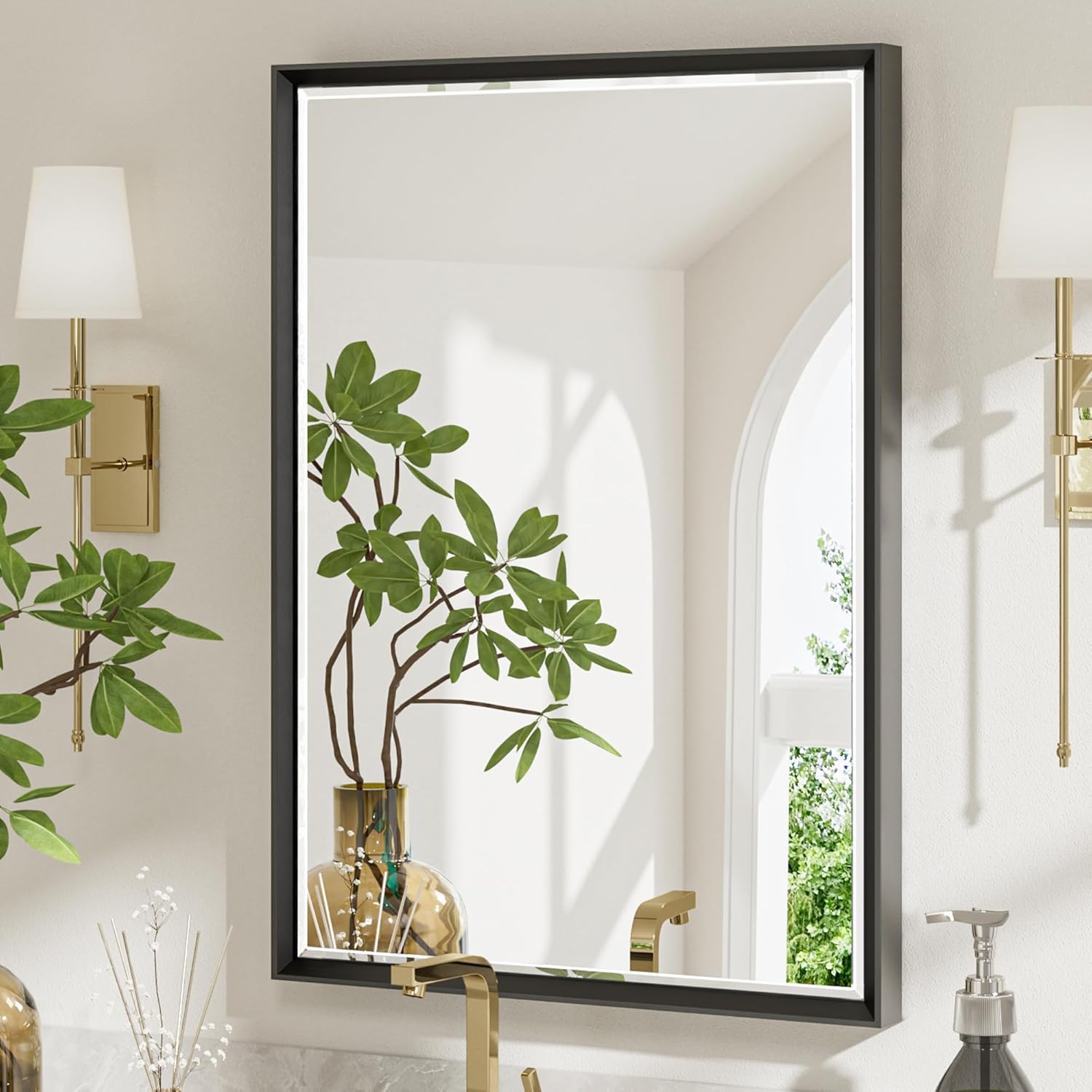 Black Framed Bathroom Mirror with Beveled Design, 22x30 Inch