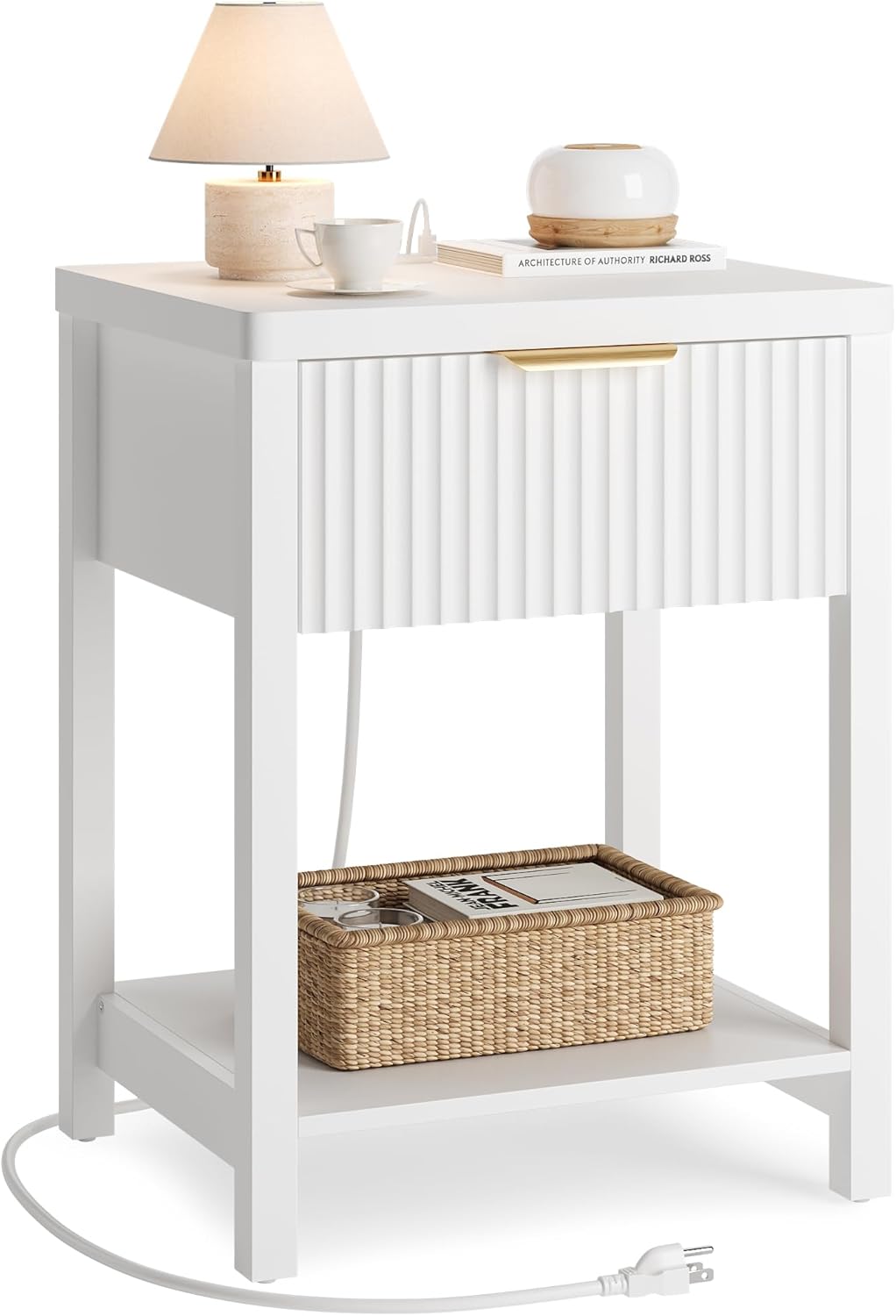 Lulive Modern White Night Stand with Charging Station and Storage