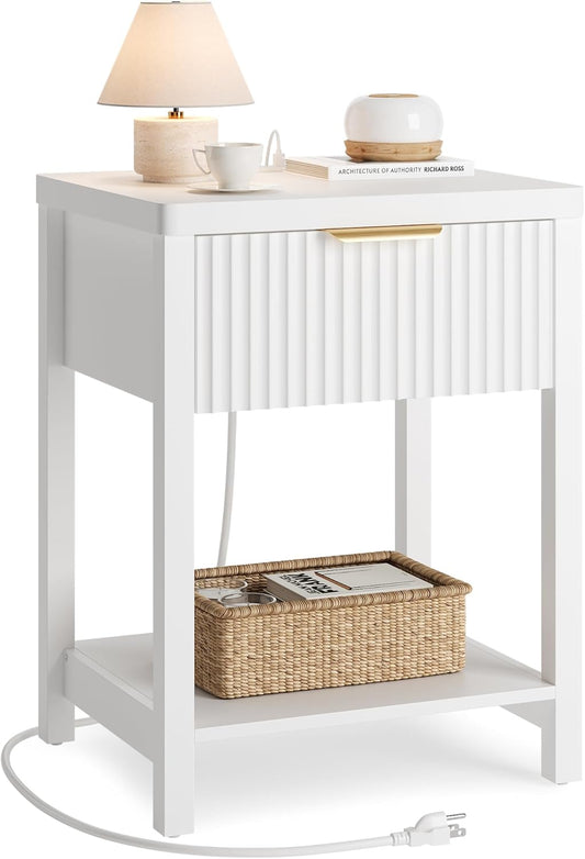 Lulive Modern White Night Stand with Charging Station and Storage