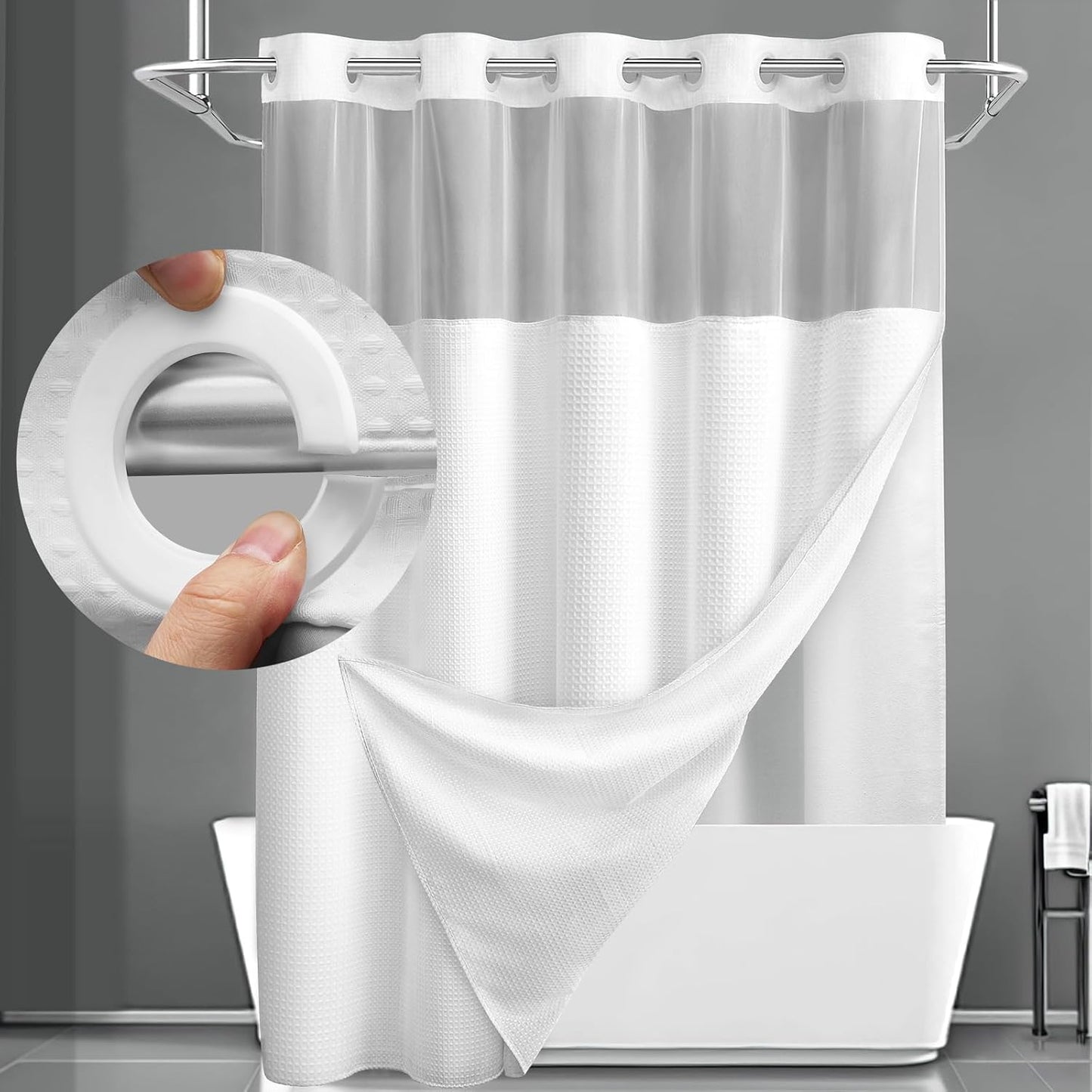 YellyHommy No Hook Shower Curtain Set - Time-Saving White Waffle
