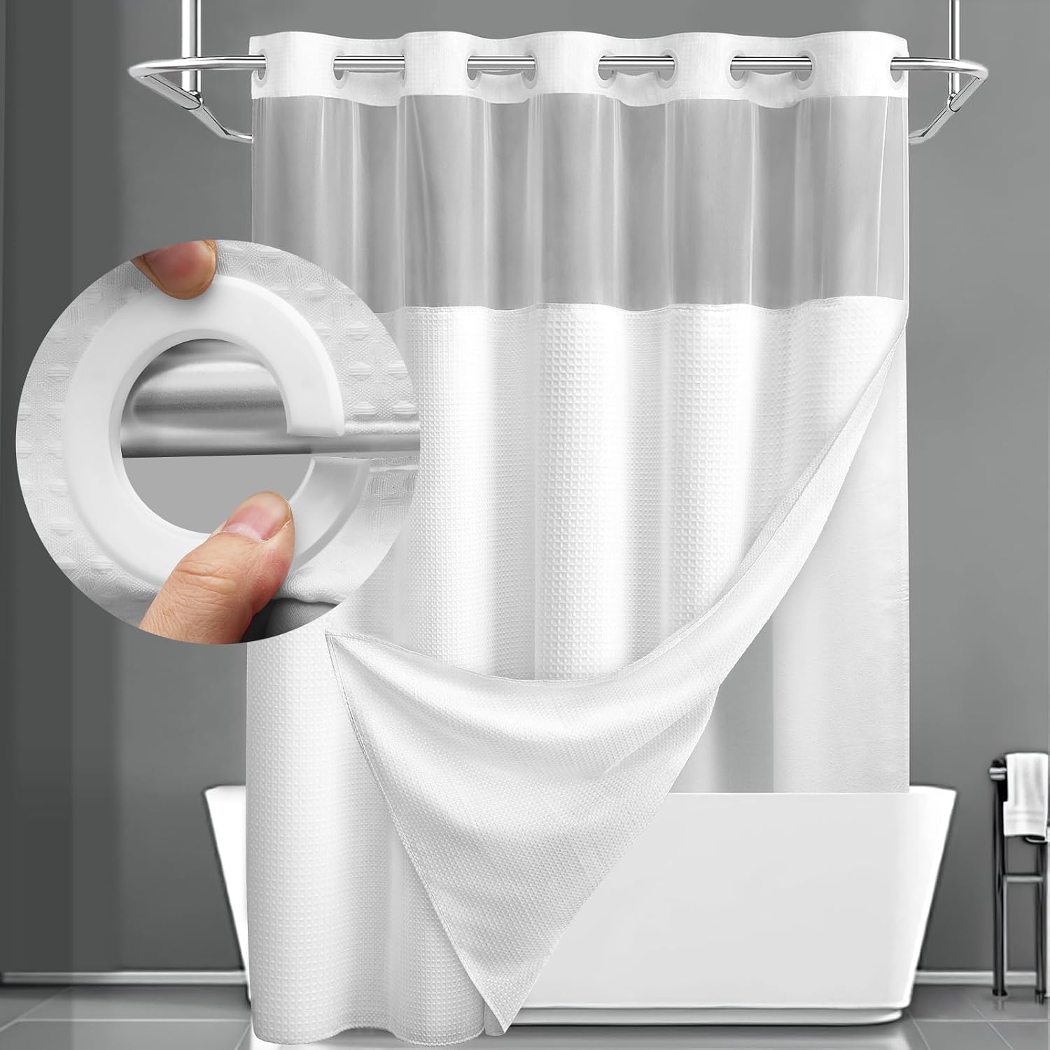 YellyHommy No Hook Shower Curtain Set - Time-Saving White Waffle