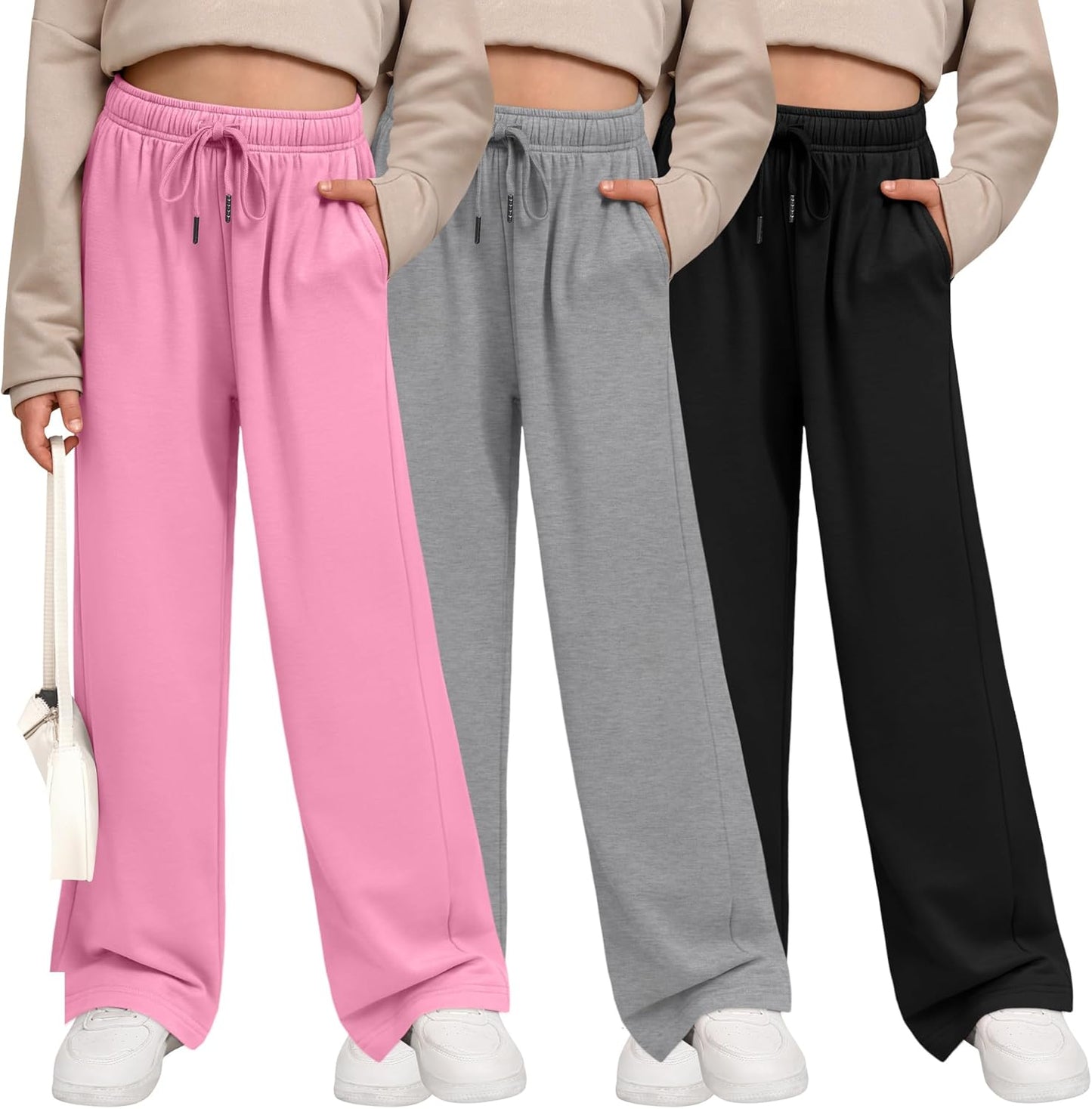 3 Pack Girls' Sweatpants Wide Leg Casual Joggers with Pockets