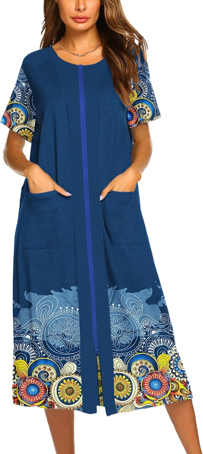 Ekouaer Short Sleeve Zipper Front Bathrobe with Pockets