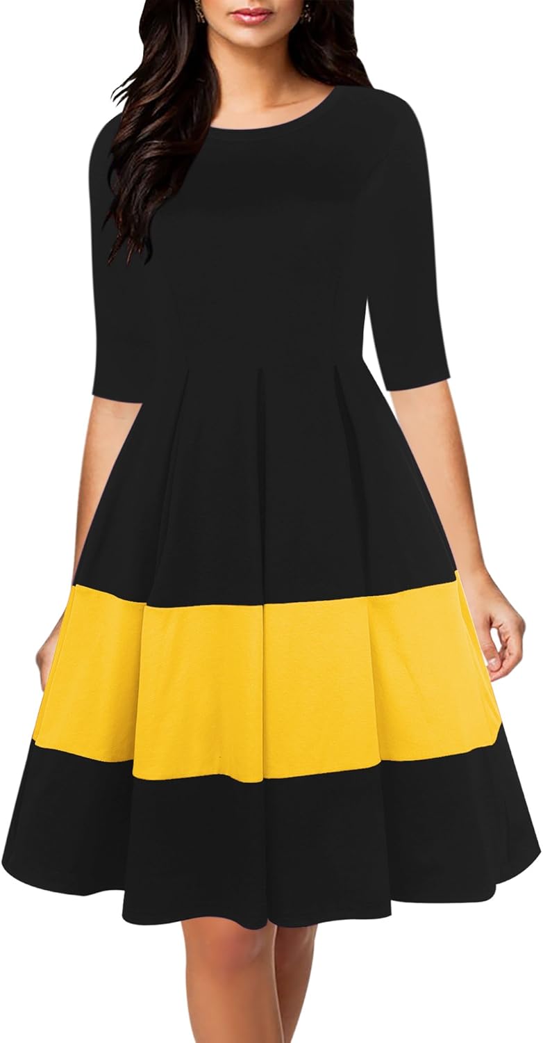 Oxiuly Women's Vintage Half Sleeve O-Neck Swing Dress with Pockets