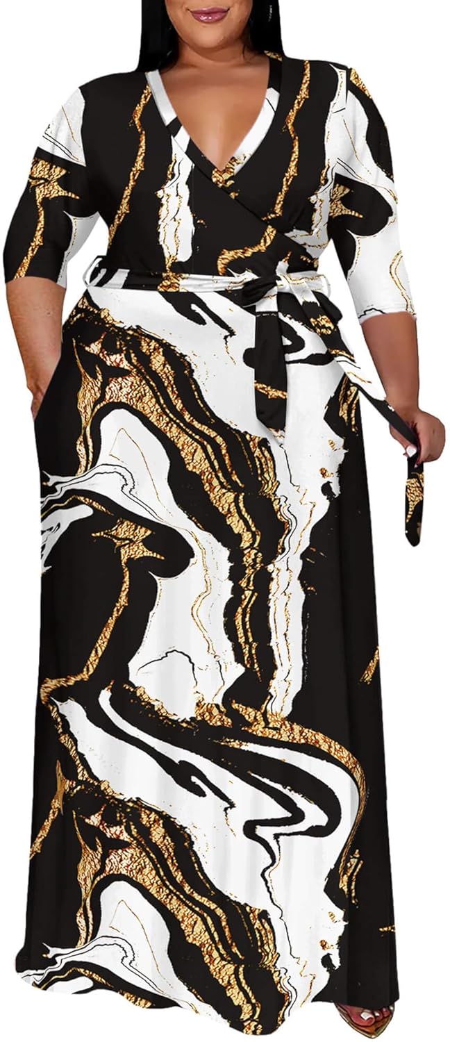 Runwind Plus Size Dress for Women - Elegant V Neck Maxi Style