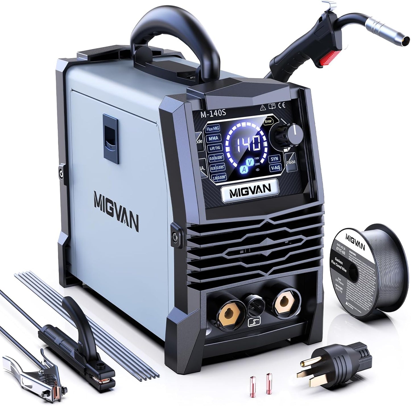 140A Gasless MIG Welder with Dual Voltage and LED Display