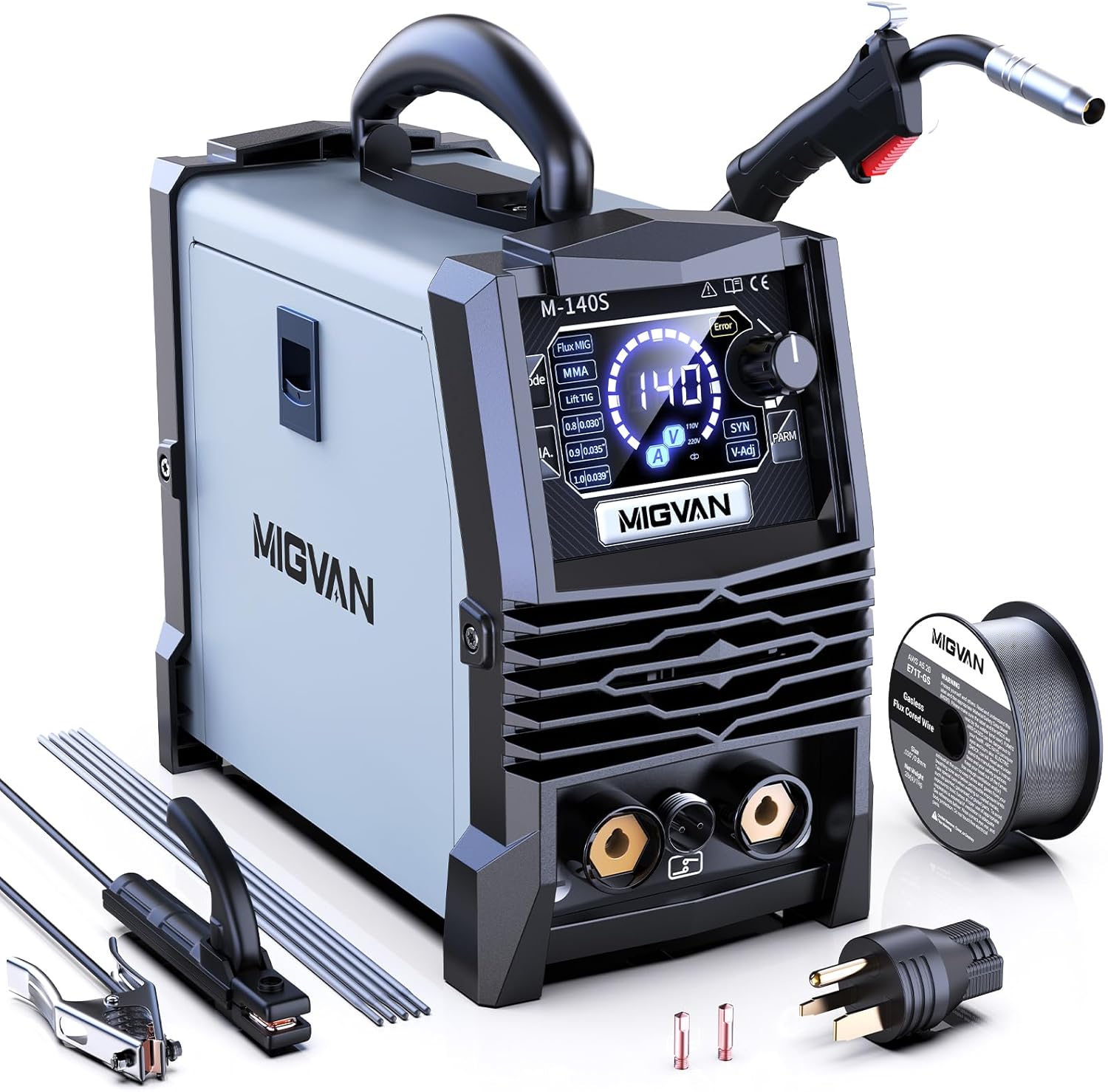 140A Gasless MIG Welder with Dual Voltage and LED Display
