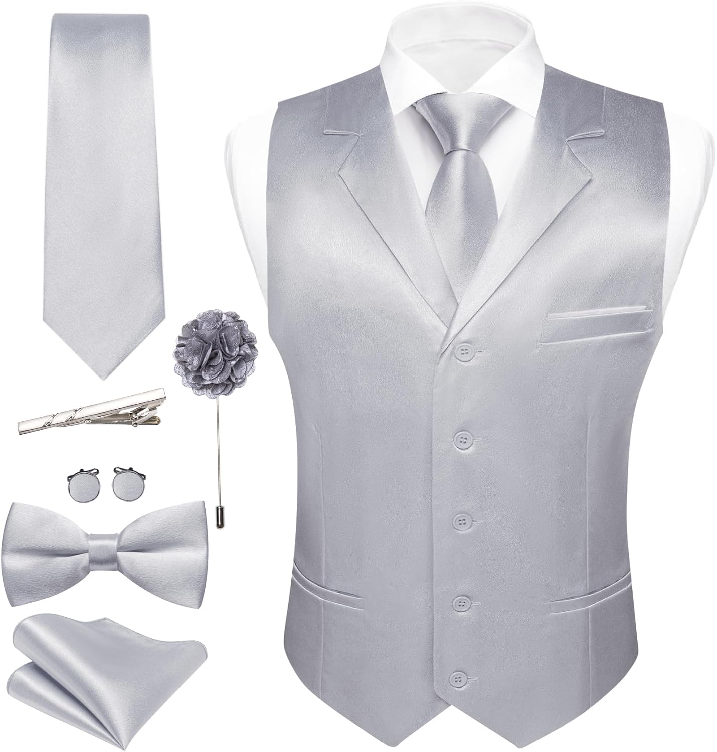 Barry.Wang Mens Formal Suit Vest Tie Bowtie Set for Weddings