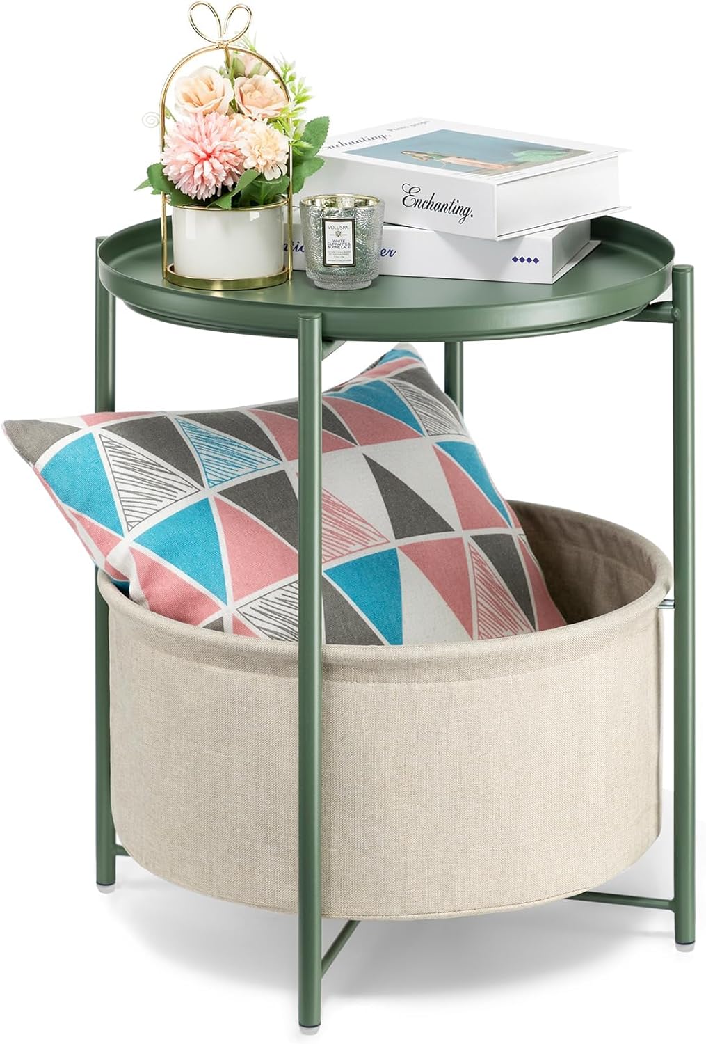 danpinera Round Side Table with Fabric Storage Basket for All Spaces