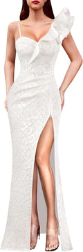 One Shoulder Ruffle Ruched Maxi Dress - Elegant Split Evening Gown