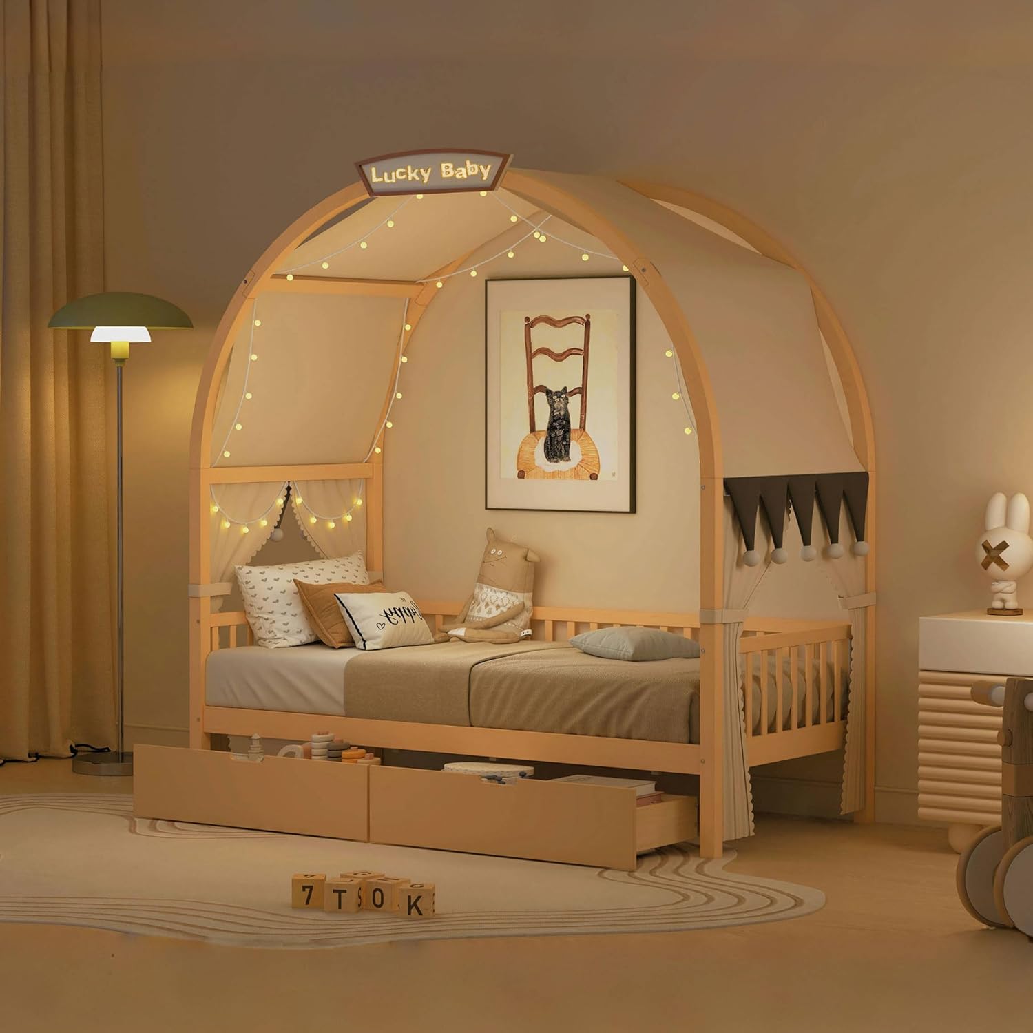 Merax Twin Canopy Bed with Storage, Natural Wood