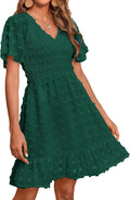 Womens Beach Vacation V Neck Smocked Swiss Dot Mini Dress - Flowy M=US