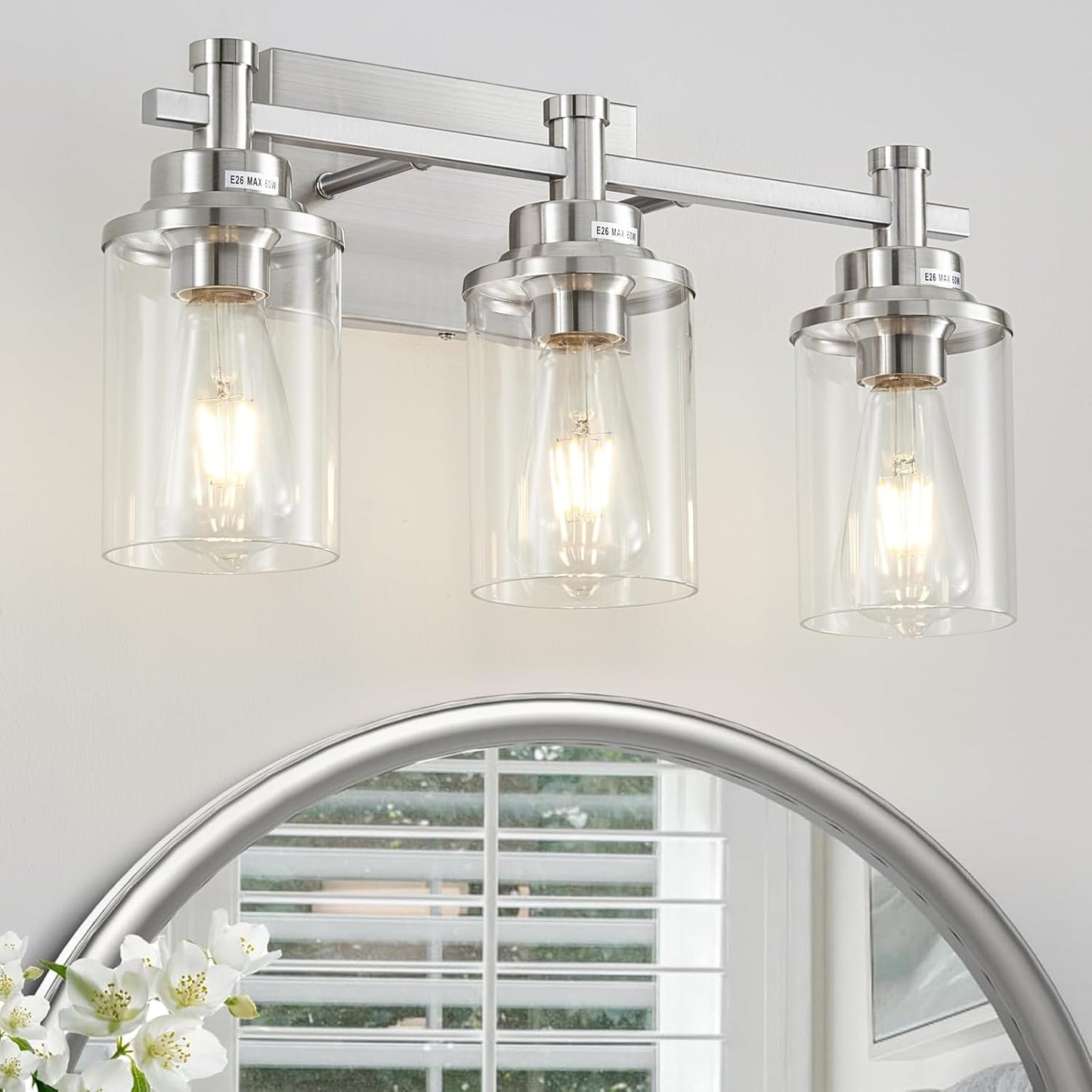 Brushed Nickel 3-Light Vanity Lights with Clear Glass Shade