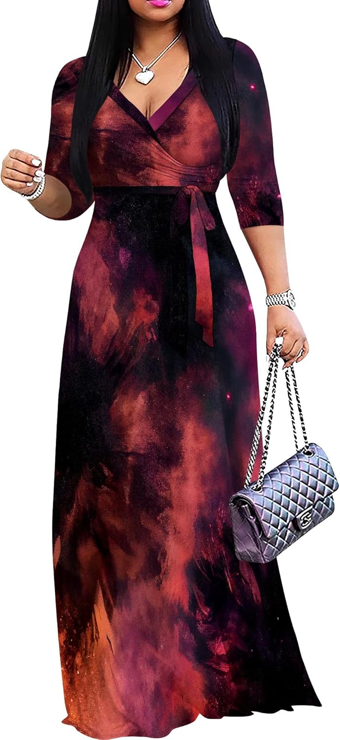 Plus Size Maxi Dresses for Women with 3/4 Sleeves and Belt