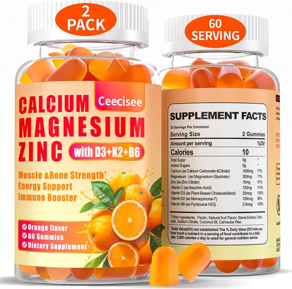Calcium Magnesium Zinc Gummies with D3 & B6 & K2 for Health