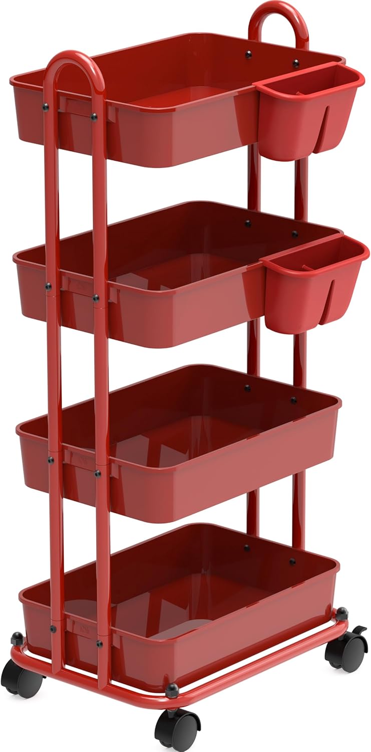 4-Tier Multifunctional Rolling Utility Cart with Hanging Buckets