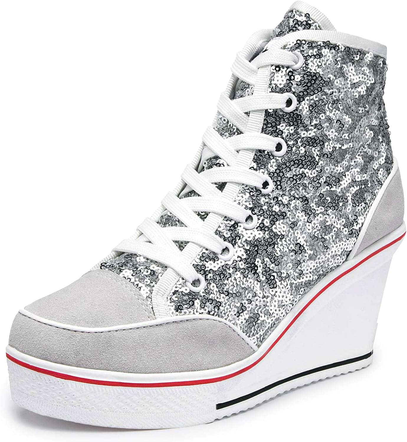 Jiu du Women's Glitter Sneakers Platform Wedge Stylish Footwear