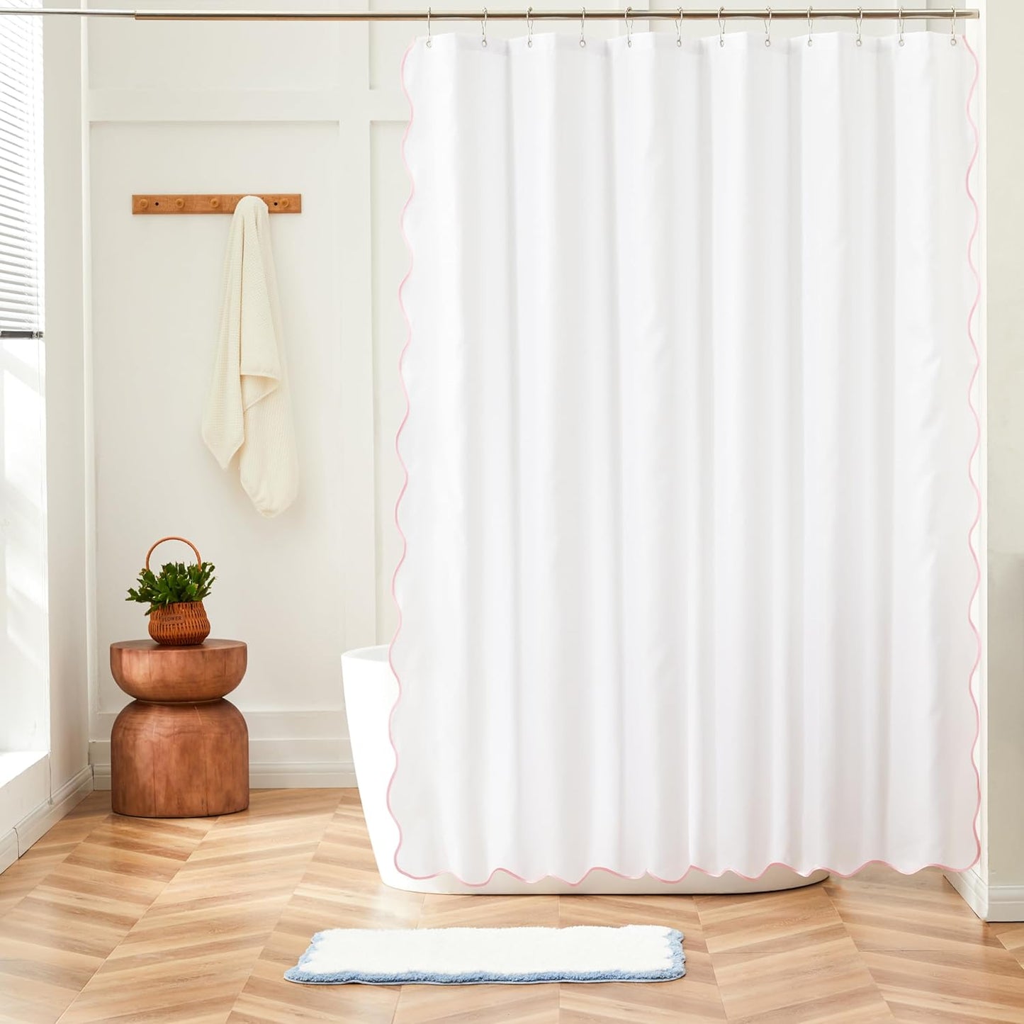 Pink Scalloped Edge Shower Curtain, Aesthetic Waterproof 72x72
