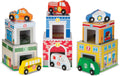 Nesting and Sorting Blocks - 6 Buildings with 6 Wooden Vehicles
