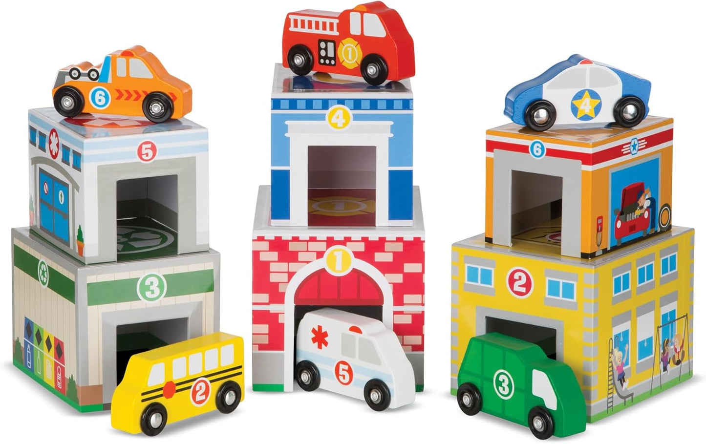Nesting and Sorting Blocks Set with 6 Wooden Vehicles for Kids