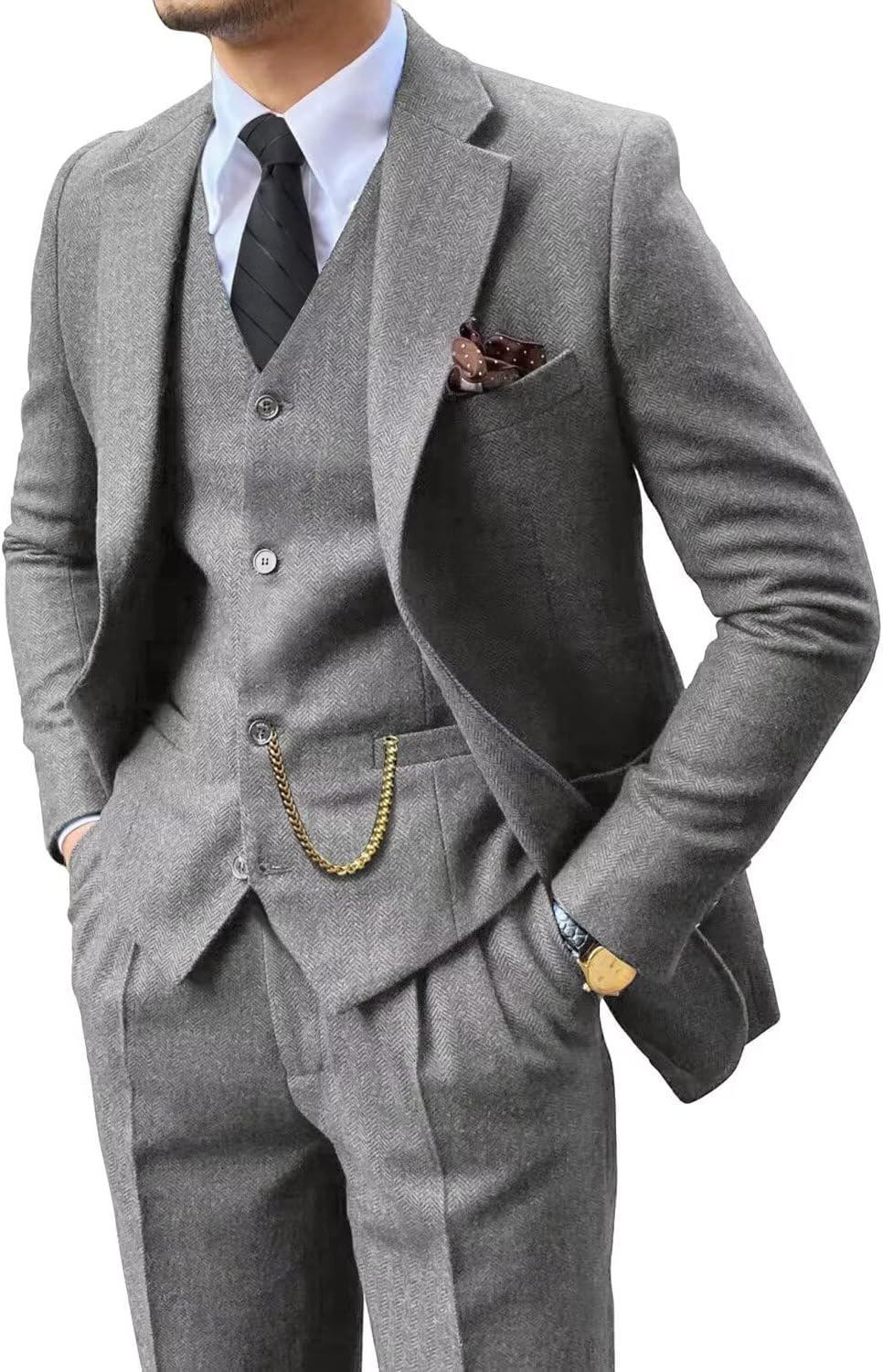 Retro 3 Piece Suit Tweed Herringbone Slim Fit Groom Tuxedos Set