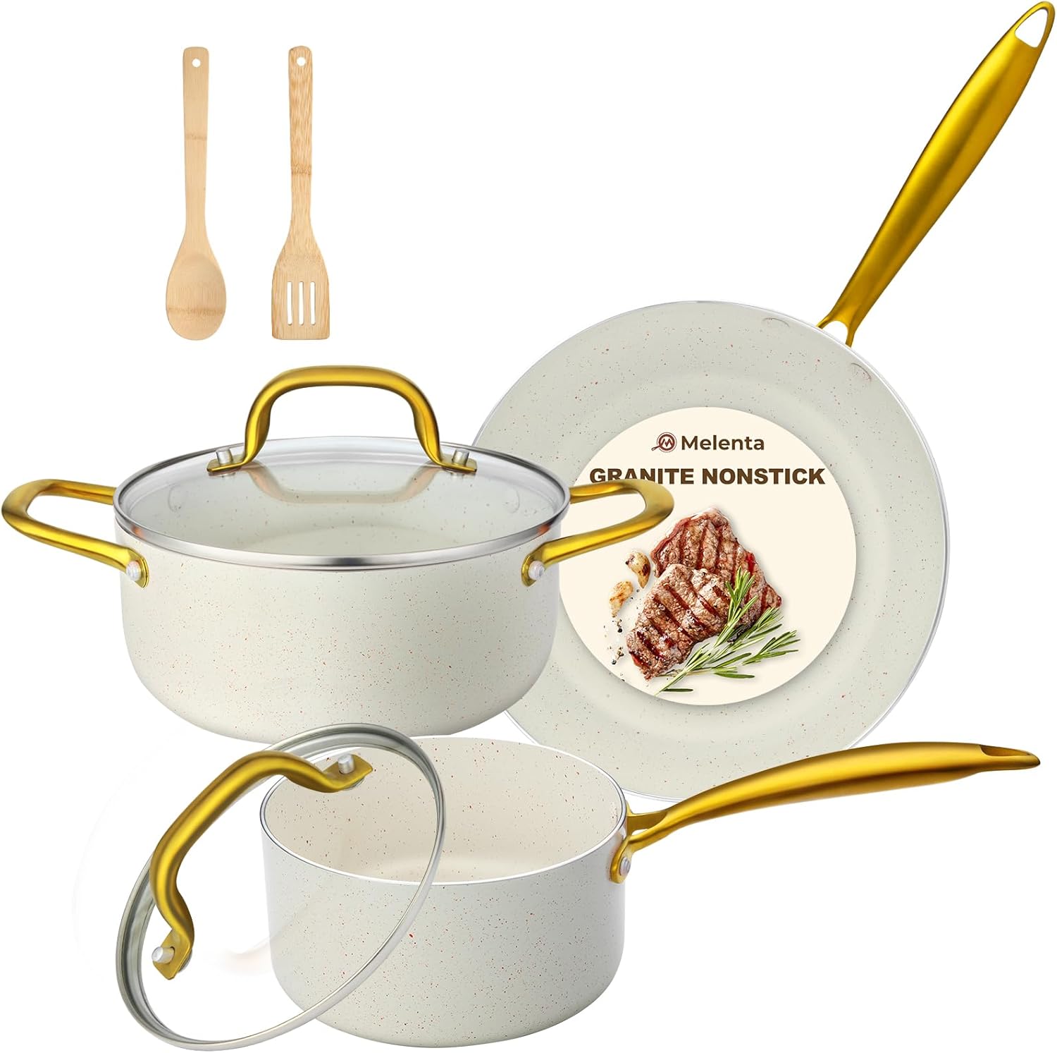Non Stick Pots and Pans Set, 7 Piece White Granite Cookware