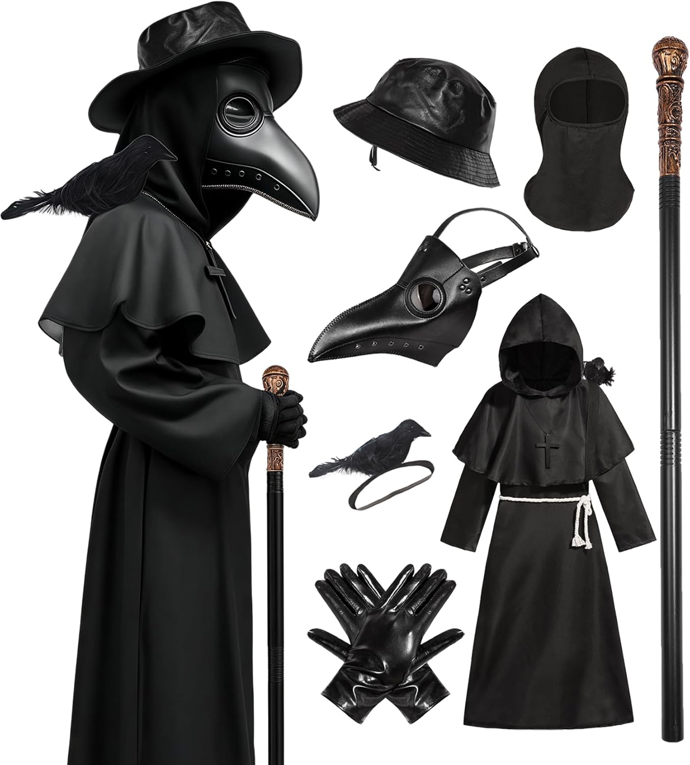 Plague Doctor Halloween Costume for Kids with Beak Mask & Cane