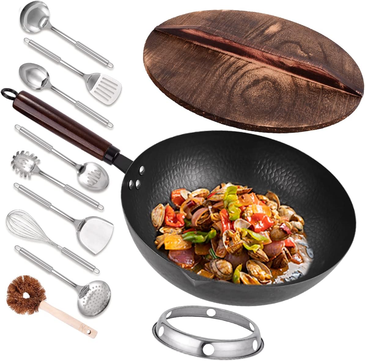 12.8 in Carbon Steel Wok Set with Accessories for Versatile Cooking