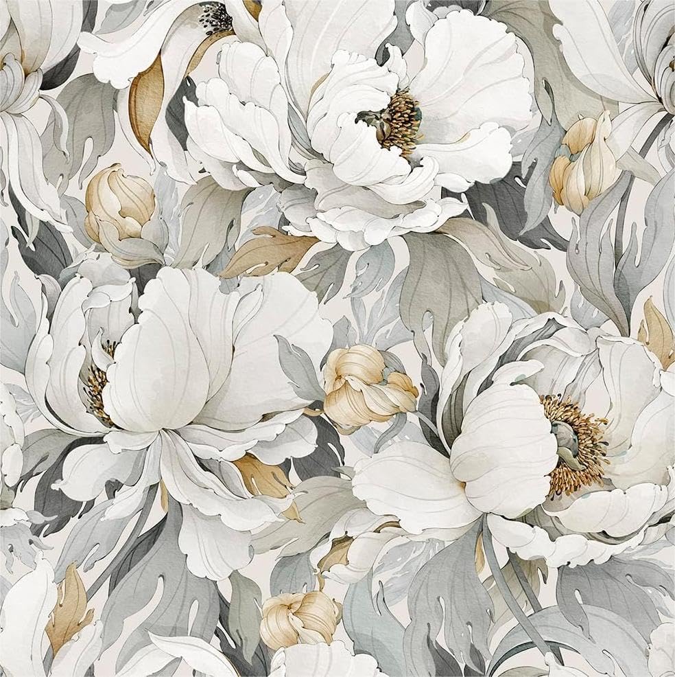Peel and Stick Wallpaper with White Poppies for Modern Decor