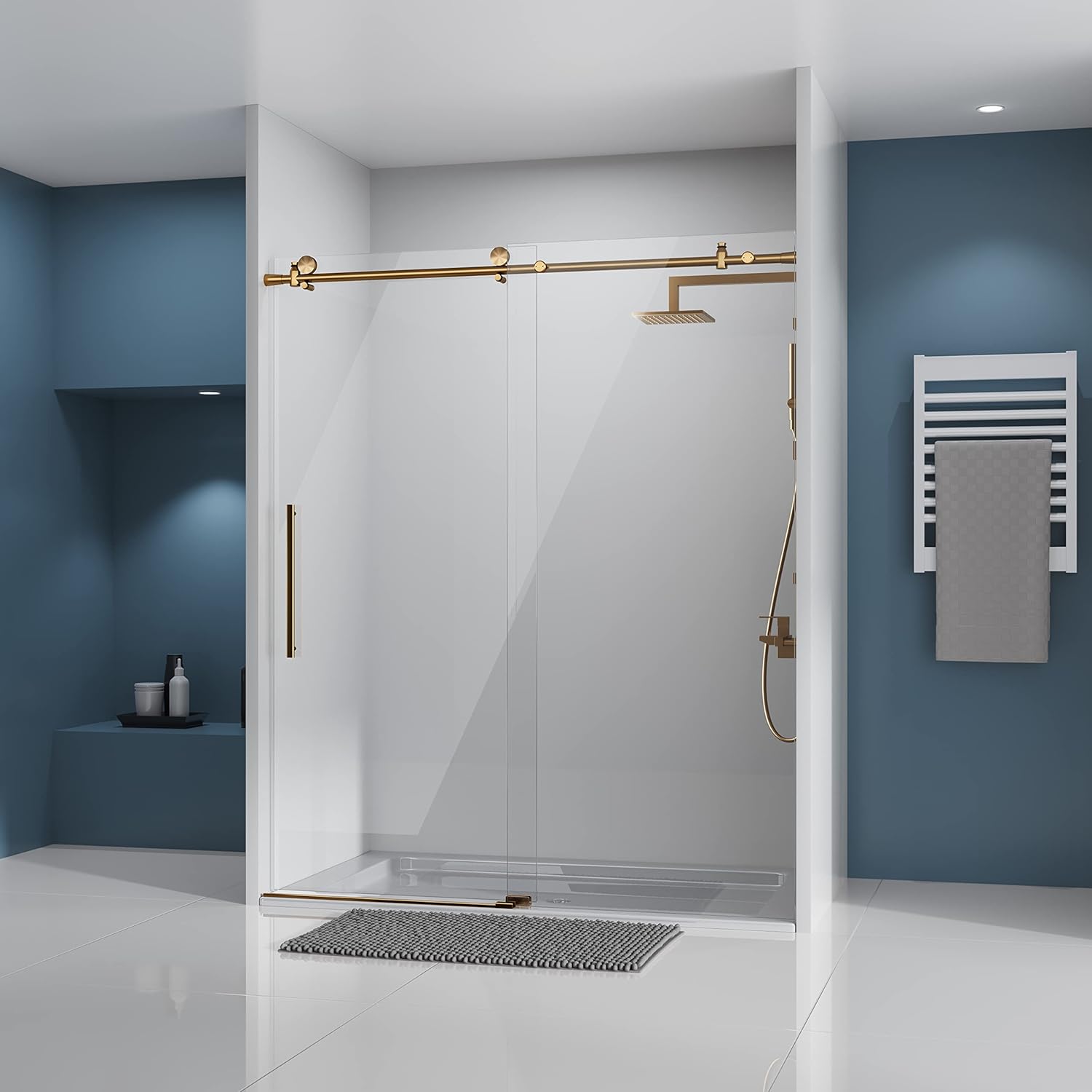 Frameless Sliding Shower Door with Tempered Glass and Gold Finish