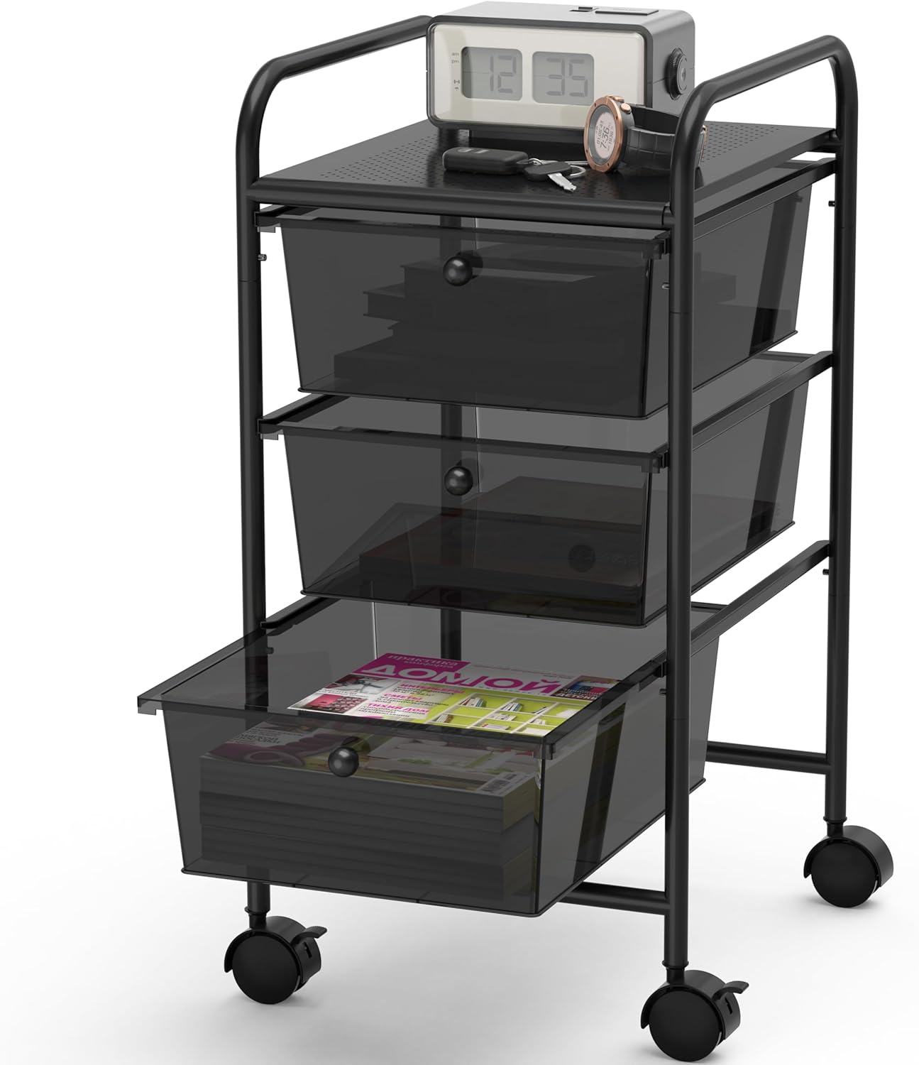 Rolling Storage Cart: 3 Drawers, Black