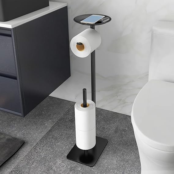 FEILERN Toilet Paper Holder Stand with Top Storage Shelf Black