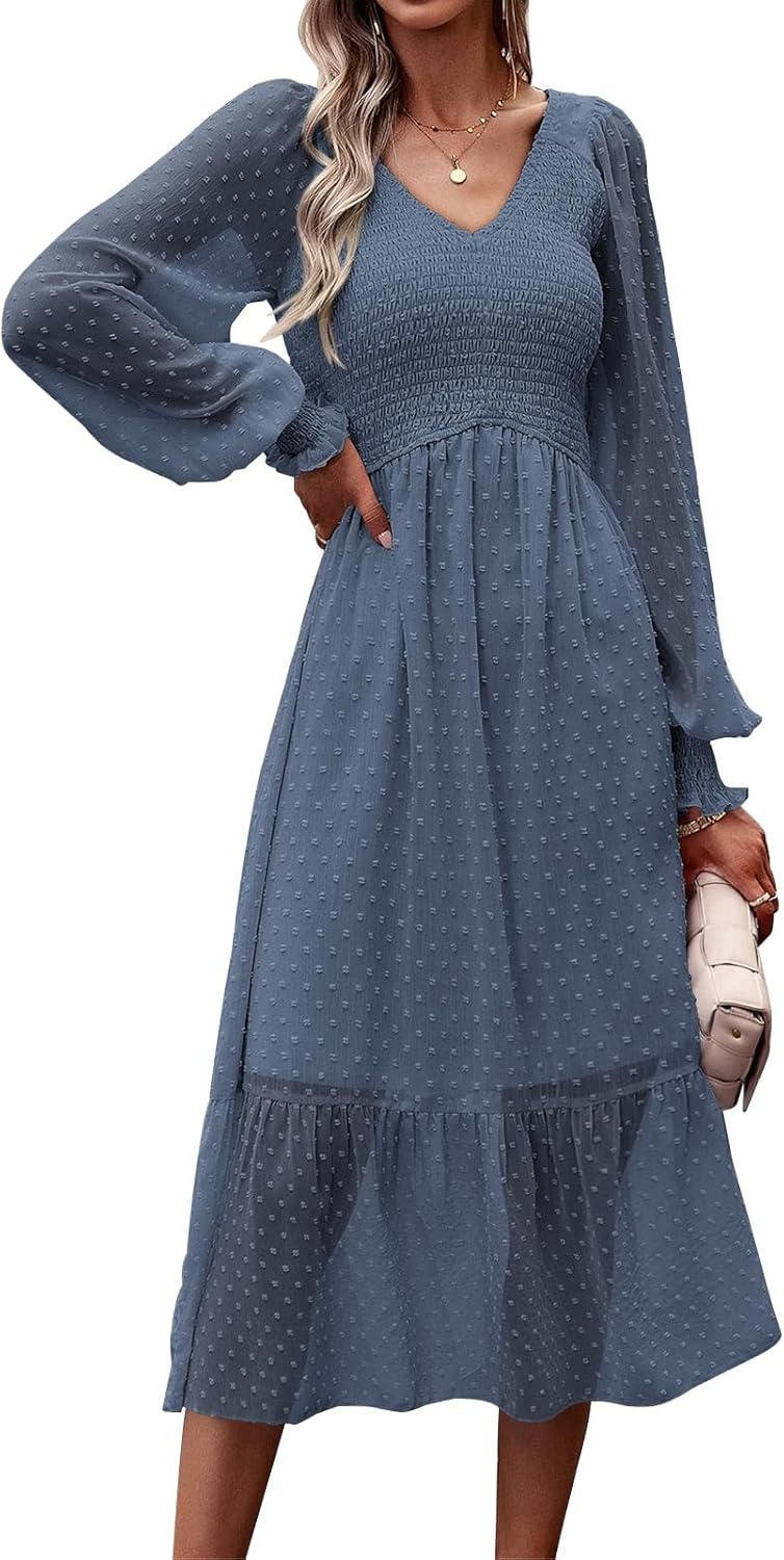 PRETTYGARDEN Women's Long Sleeve V Neck Swiss Dot Midi Dress