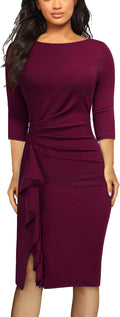 Women's Retro 3/4 Sleeve Ruched Elegant Business Pencil Sheath Dress