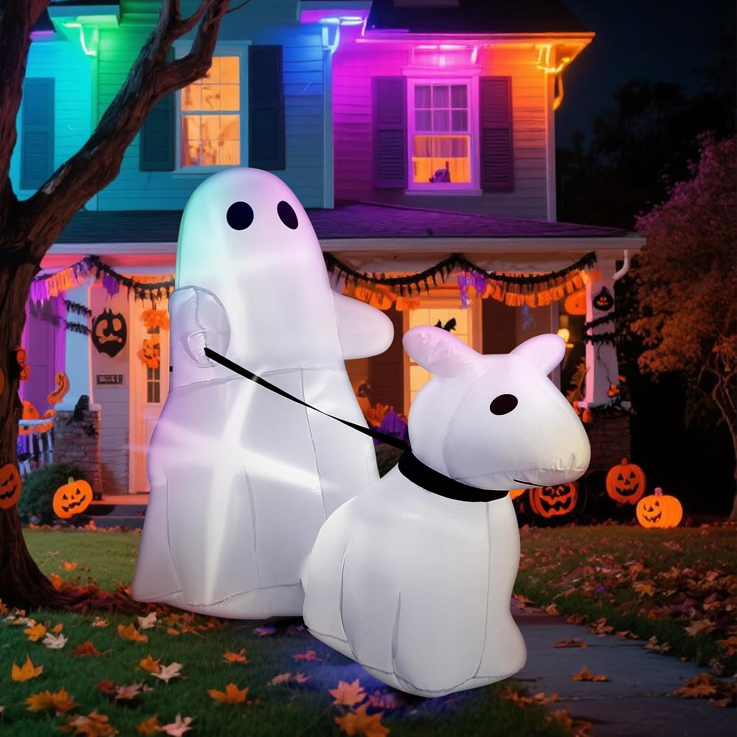 Leyndo 5ft Halloween Inflatables Ghost Walking Dog for Yard