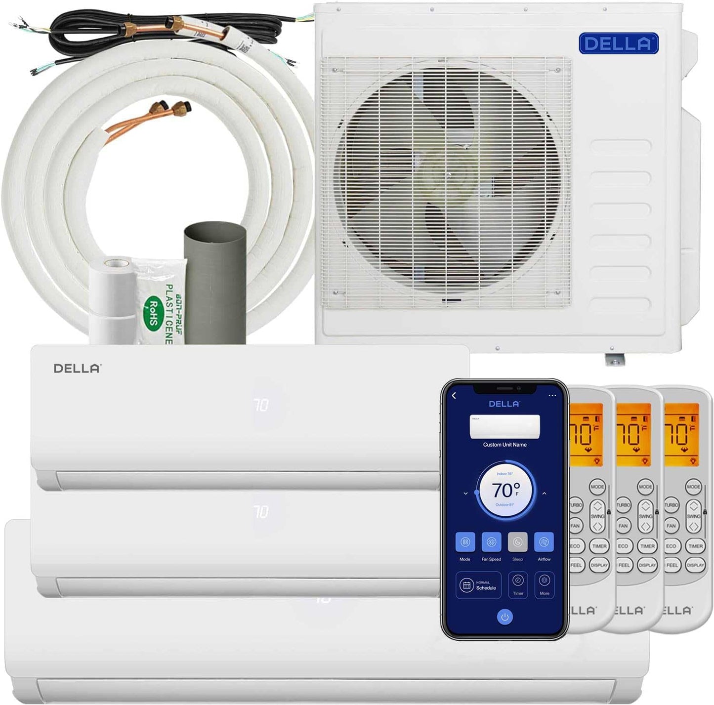 Della 36K BTU Tri Zone Mini Split - Cools 2600 Sq.Ft, Alexa Compatible