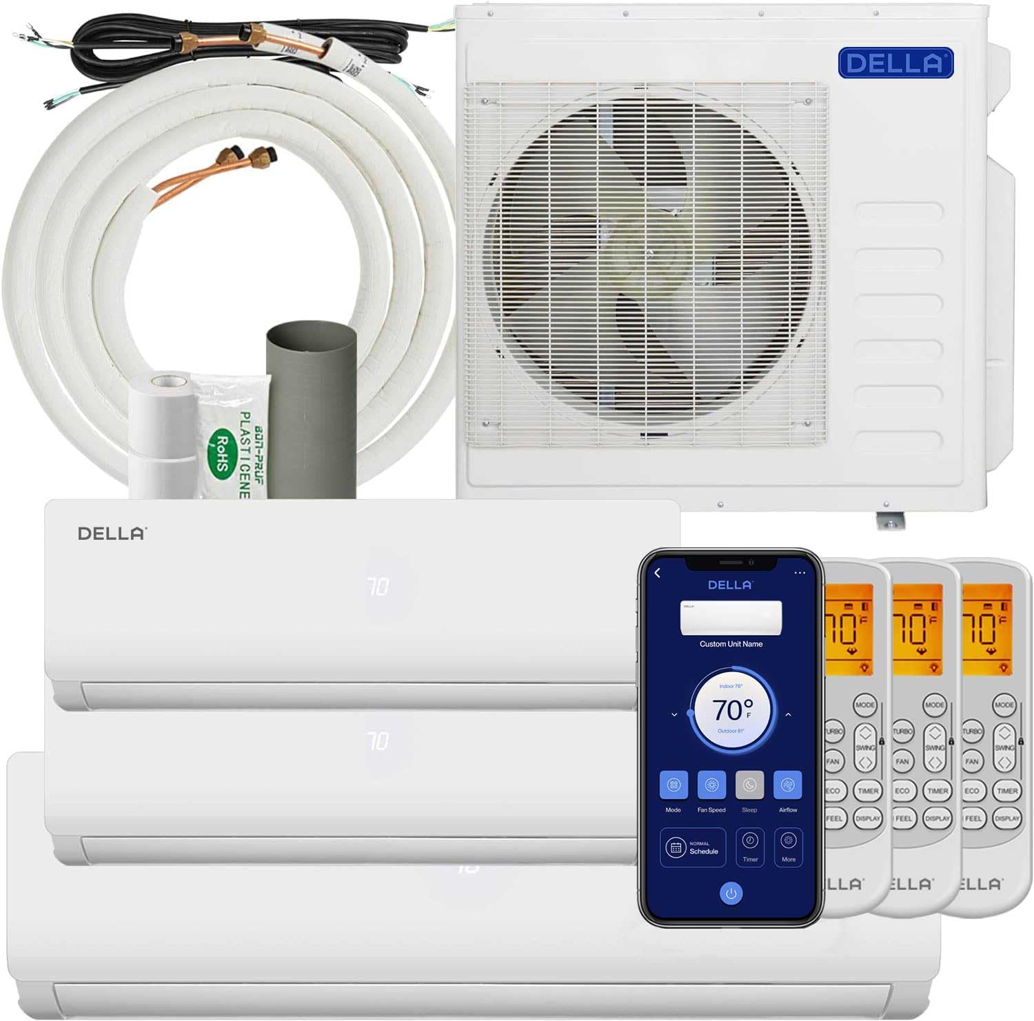 Della 36K BTU Tri Zone Mini Split - Cools 2600 Sq.Ft, Alexa Compatible
