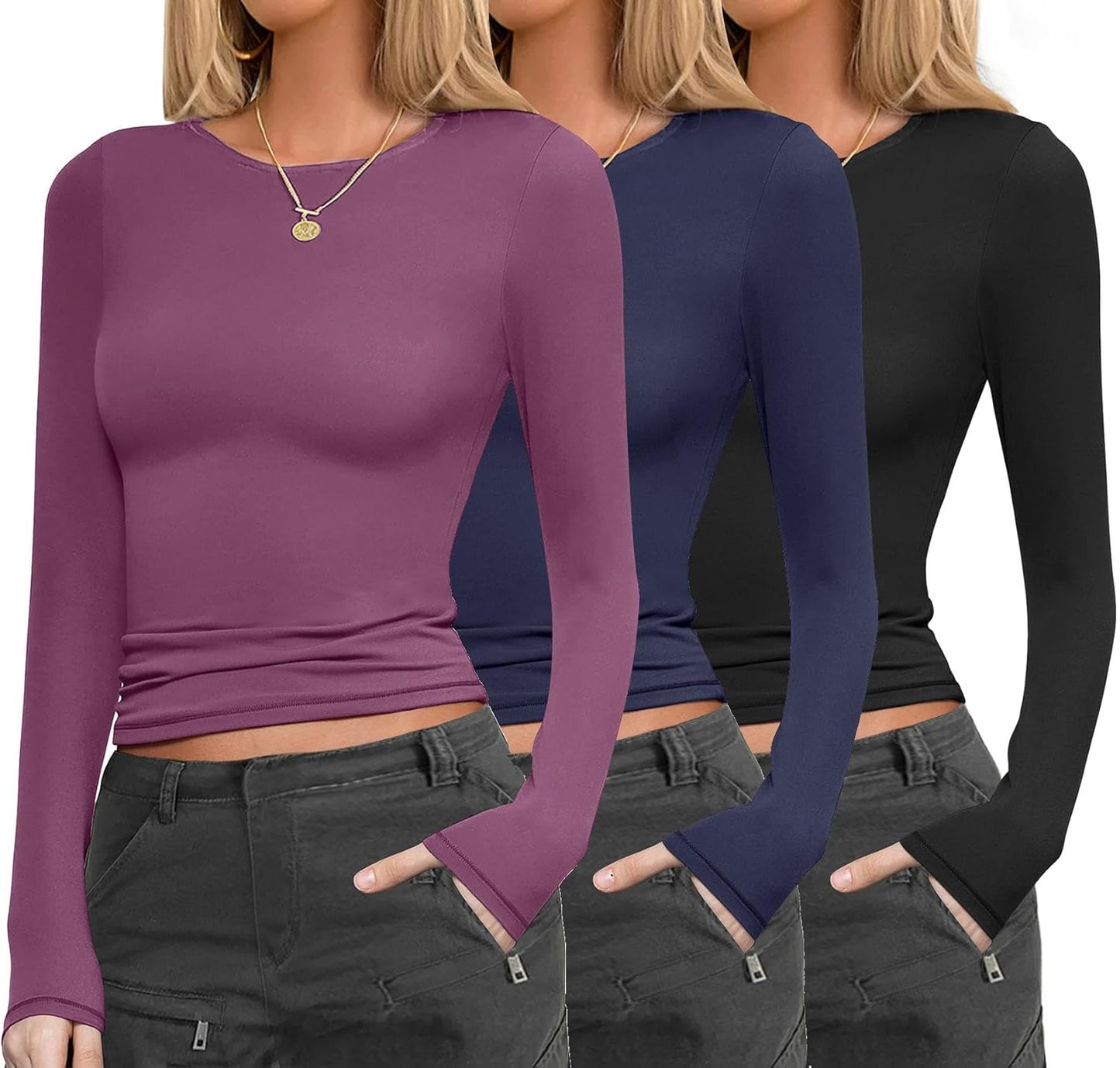 Ekouaer Womens Long Sleeve Thermal Tops 3 Pack for Layering