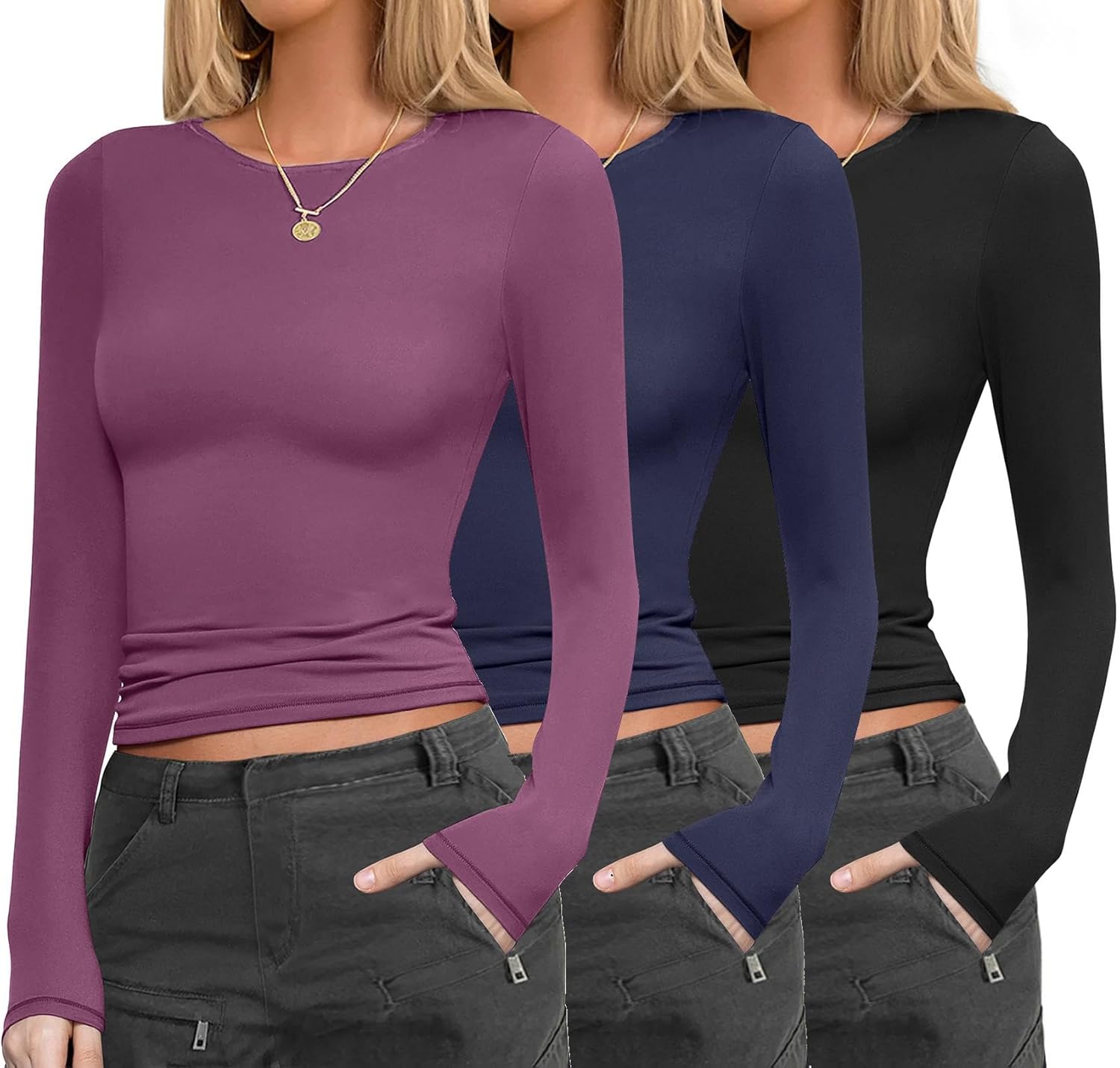 Ekouaer Womens Long Sleeve Thermal Tops 3 Pack for Layering
