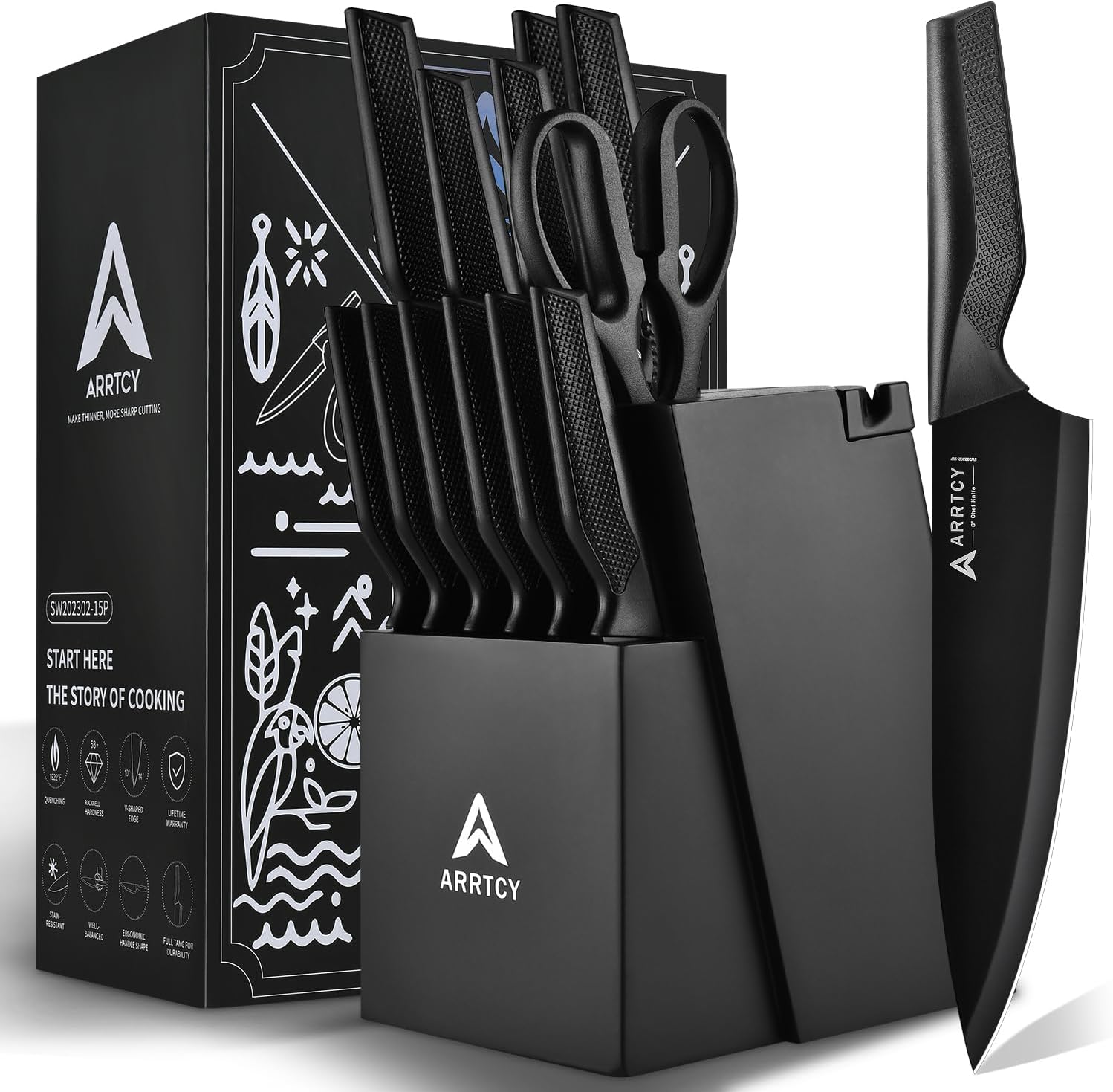 Knife Set with Block - 15-Piece Kitchen Knife Set for Chefs