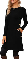 Women's Long Sleeve Scoop Neck Button Side Sweater Dress with Pockets