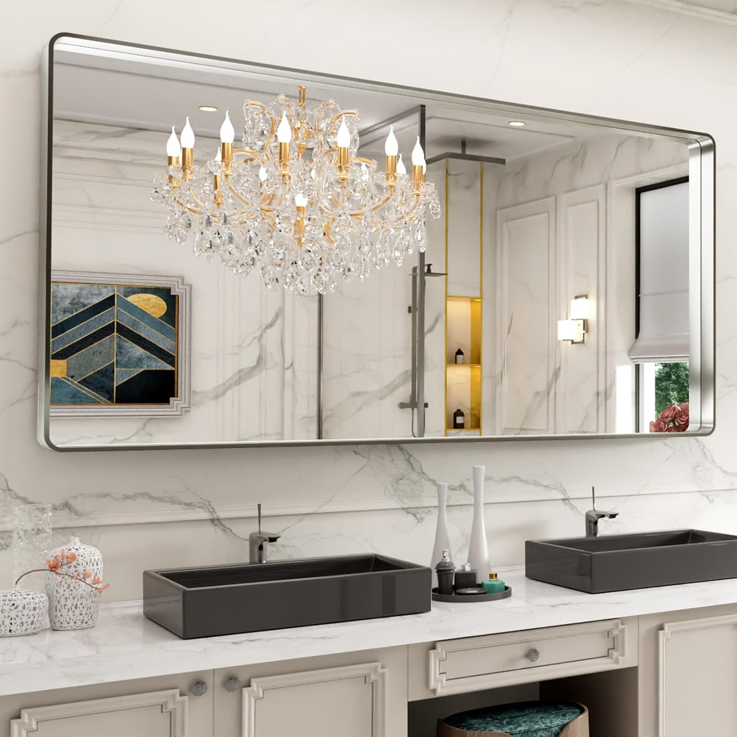Brushed Nickel Bathroom Mirror with Rounded Rectangle Frame