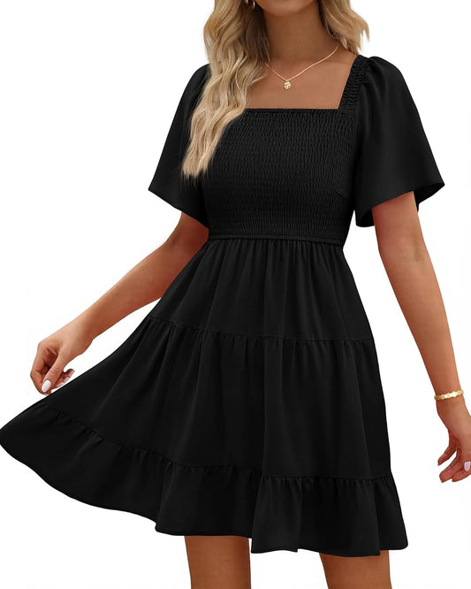 BTFBM Women's Summer Smocked Mini Dress with Pockets and Ruffles
