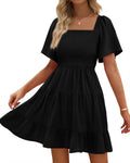 Women's Smocked Square Neck Summer Mini Dress - With Pockets