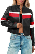 Womens Cropped Moto Biker Jacket Faux Leather Color Block