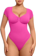 Short Sleeve V Neck Bodysuit for Women - Tummy Control Thong