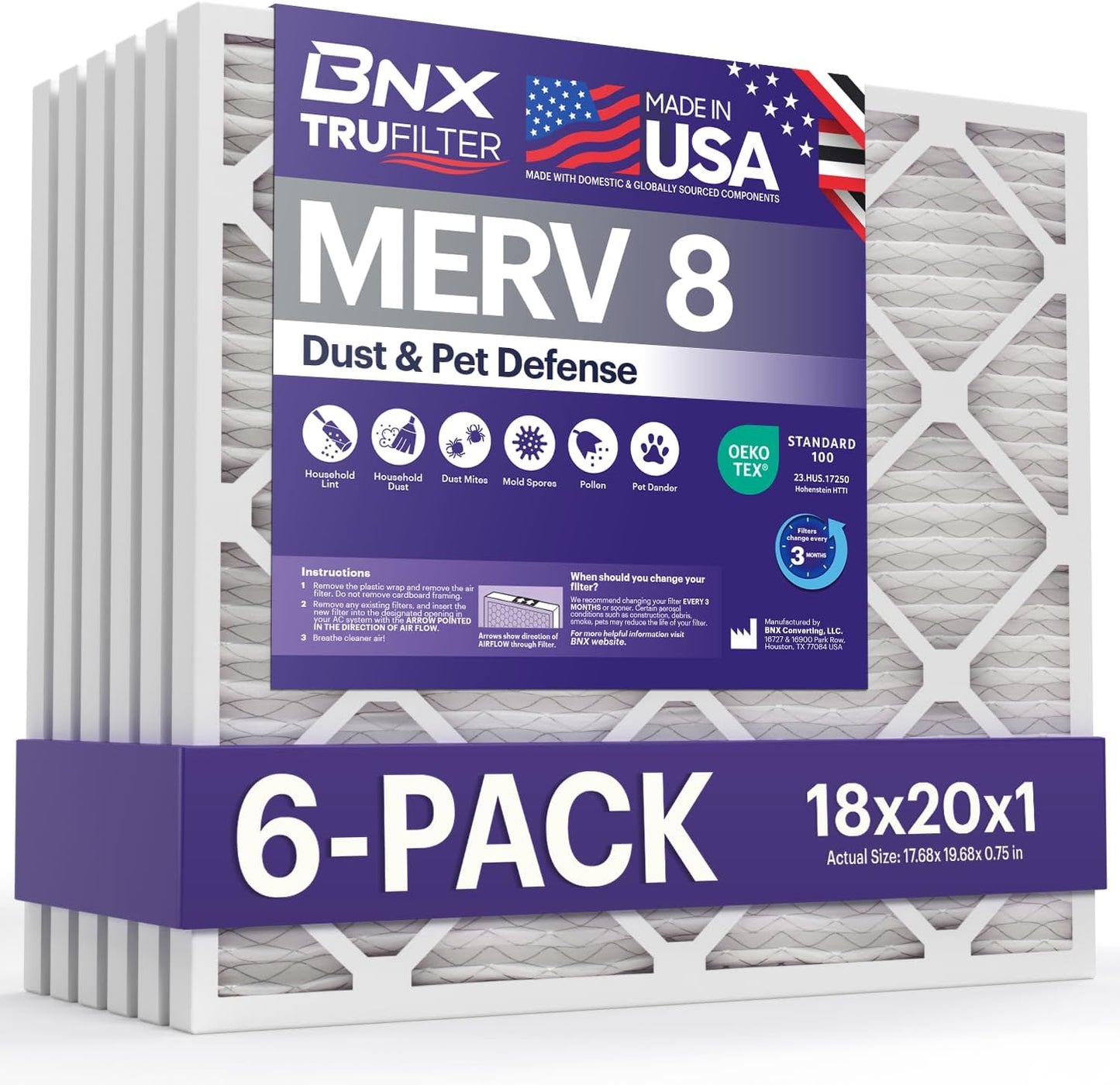 BNX TruFilter 18x20x1 MERV 8 Air Filter for Dust & Pet Defense